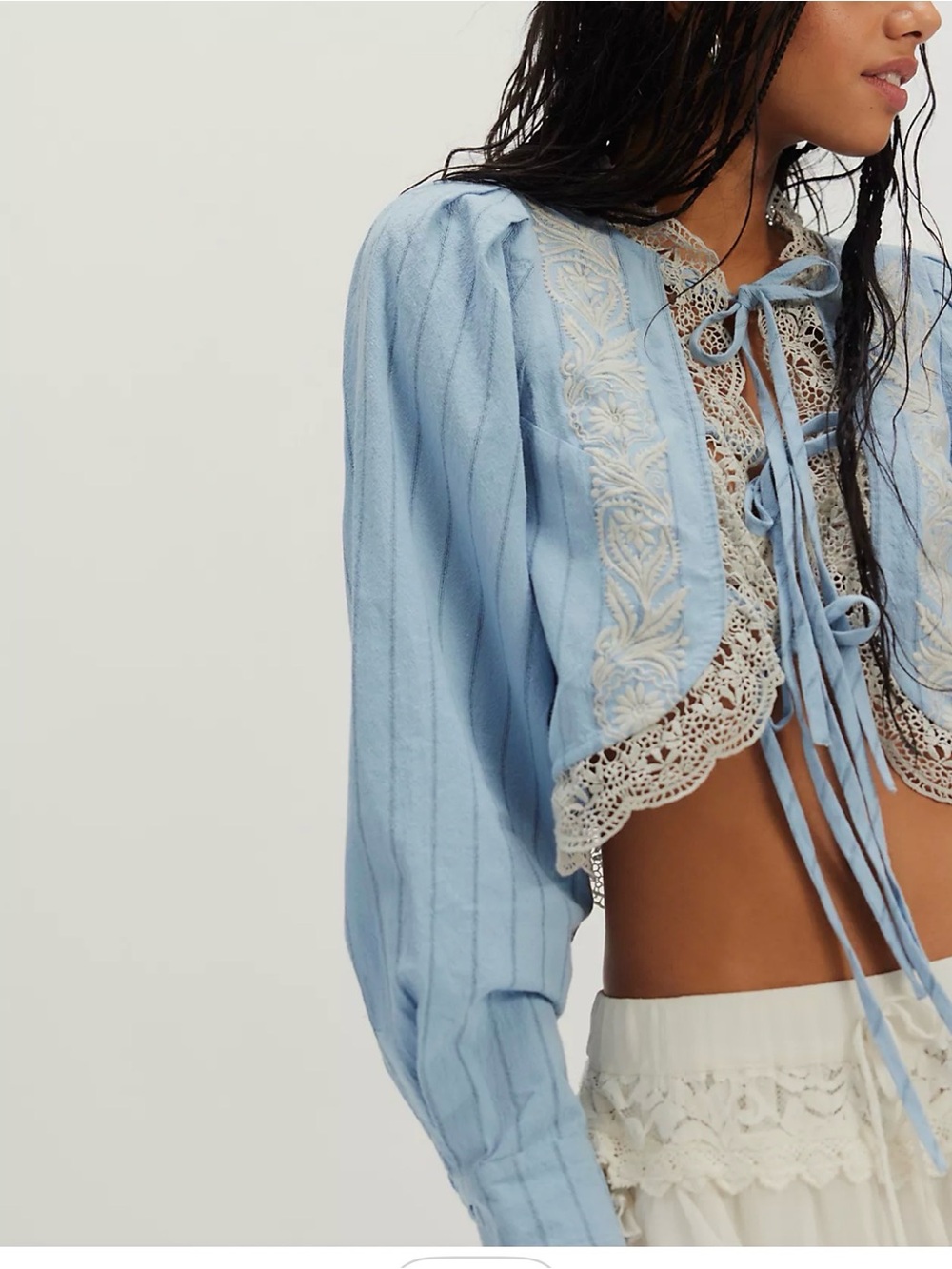 Free People Powder Blue Lace-Trim Cropped Tie Blouse